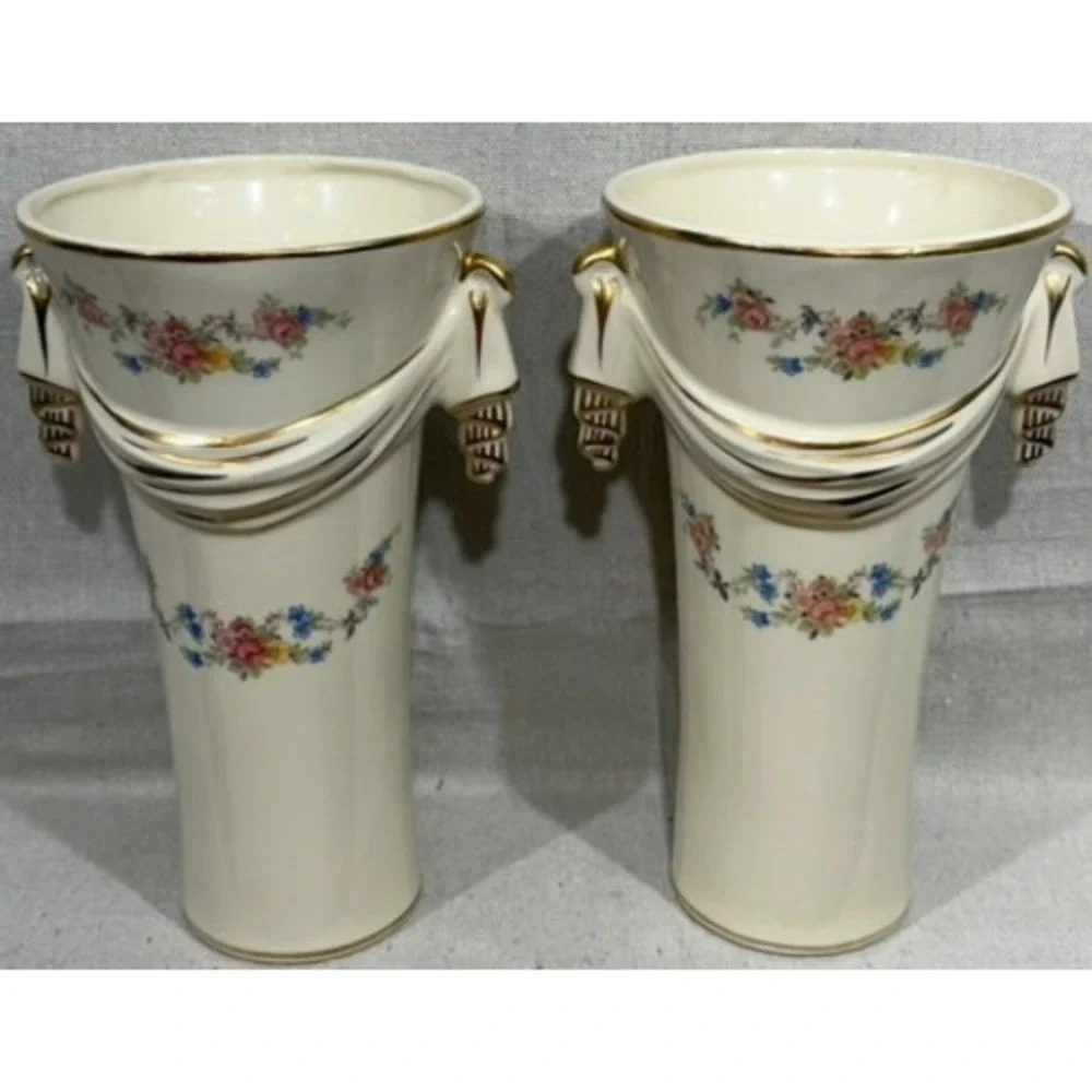 Vintage 1950s Floral Ceramic Mantel Vases Gold Gilt Draped Swag Pair P-133